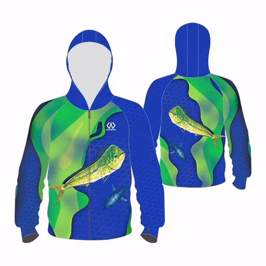 Maglia da pesca personalizzata in jersey sportivo a manica lunga con protezione UV personalizzata con cappuccio per uomo Weomen